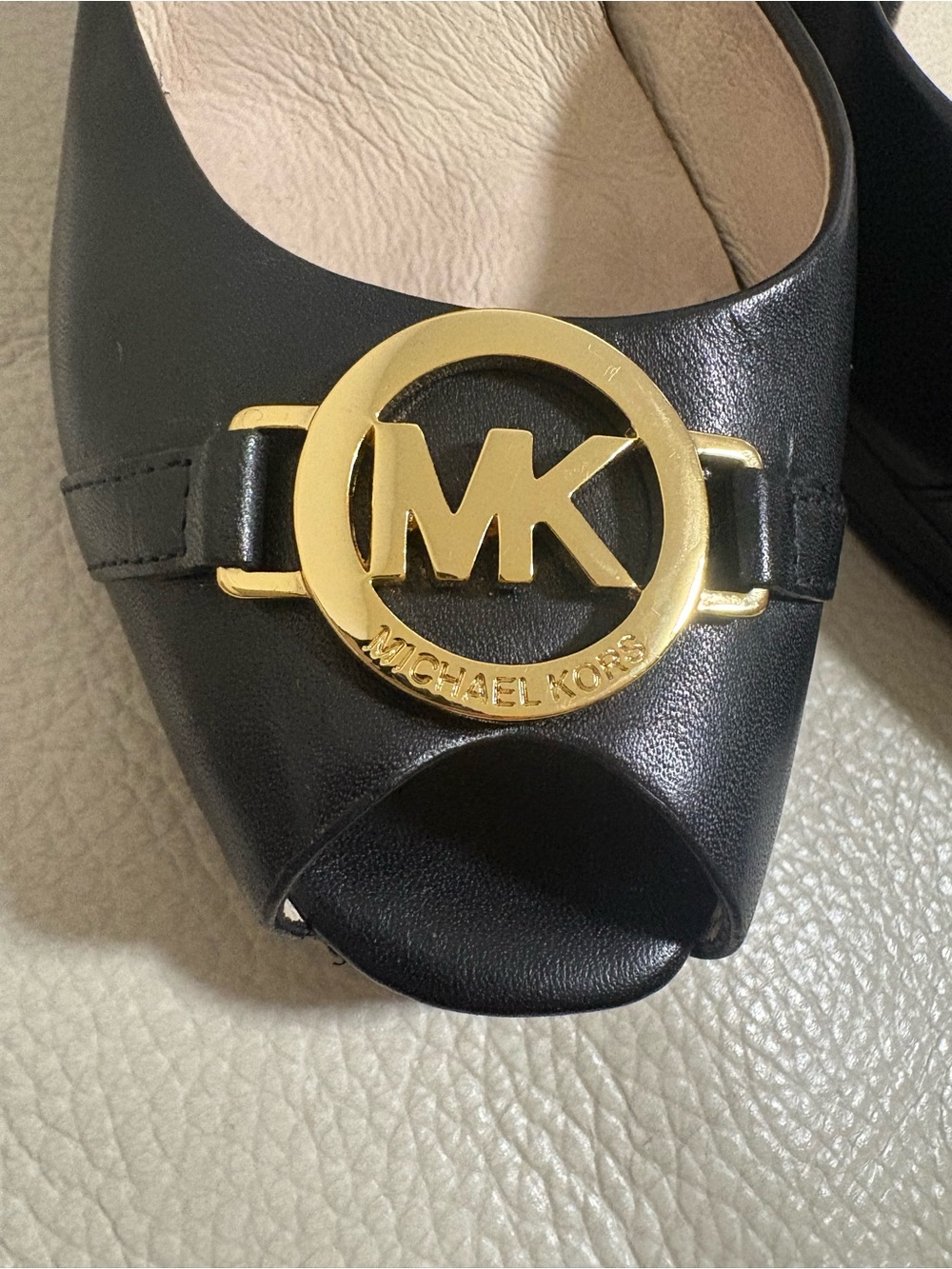 Michael Kors Black Leather Slingback Peep-Toe Heels with Gold MK Logo Size 5.5